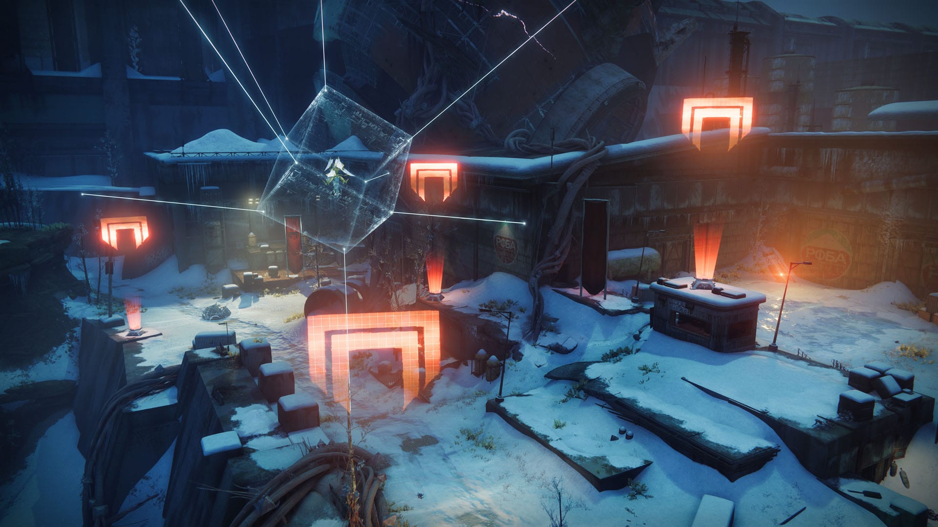A Vex enemy floats in a cage above the Plaguelands in Destiny 2