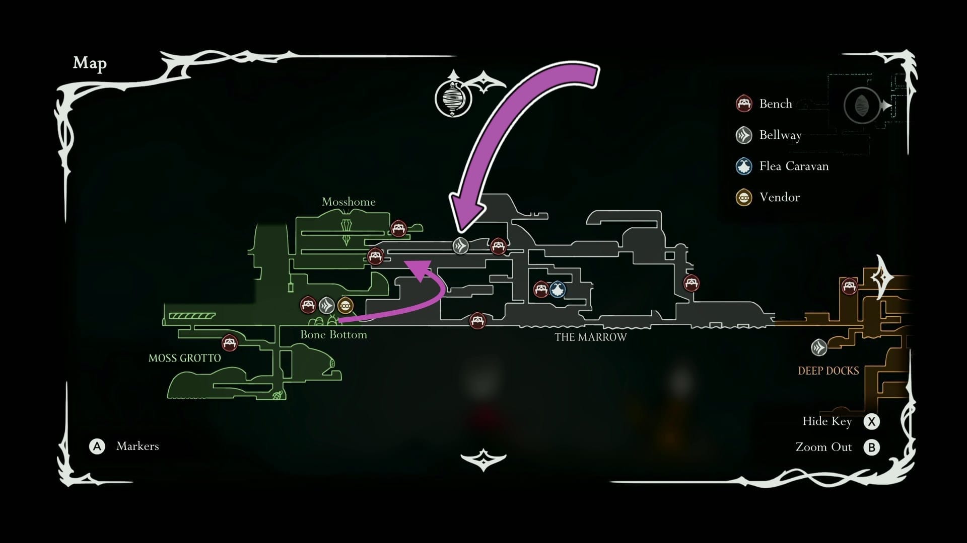 Silksong map of Moss Grotto and The Marrow showing the location of the Bell Beast