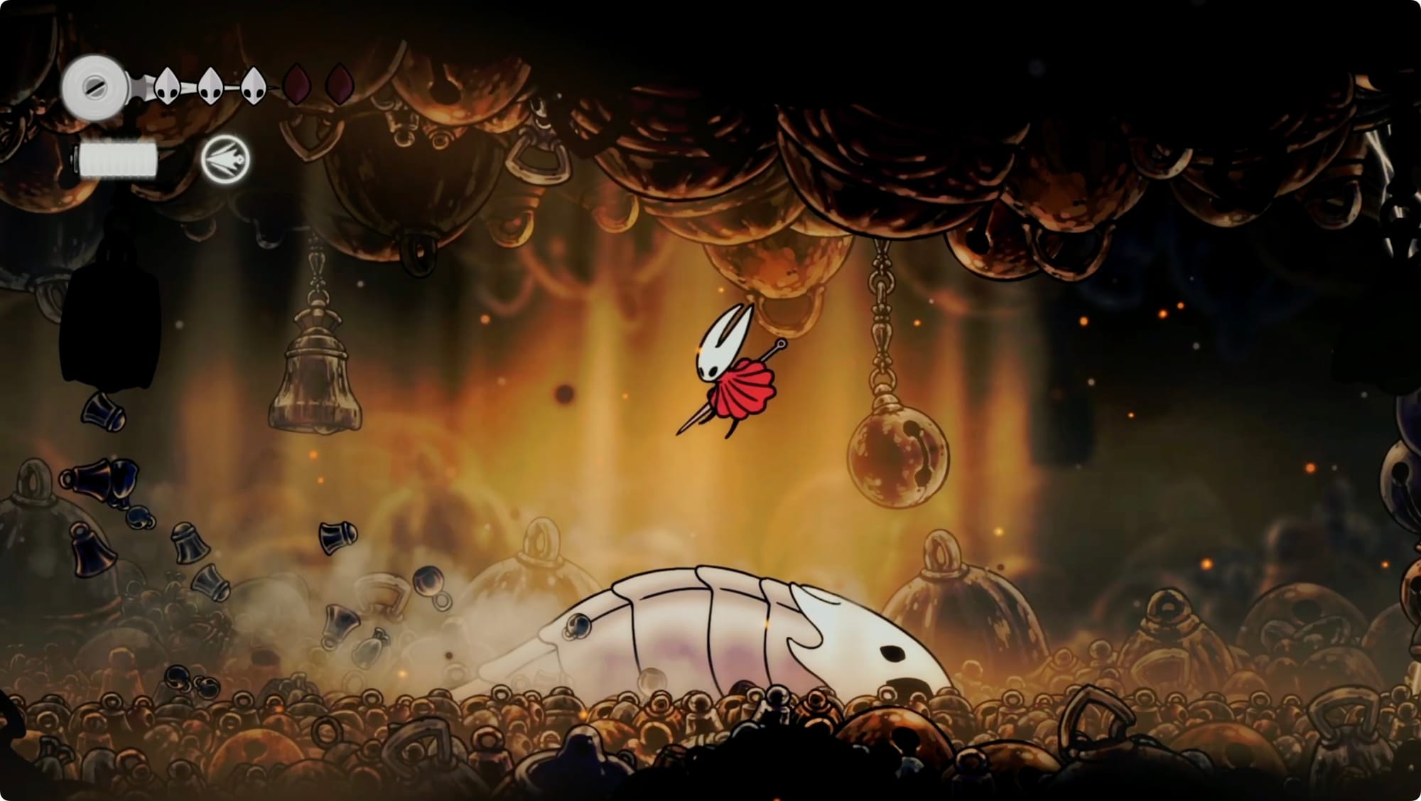 The Bell Beast charging as Hornet jumps over it in Silksong