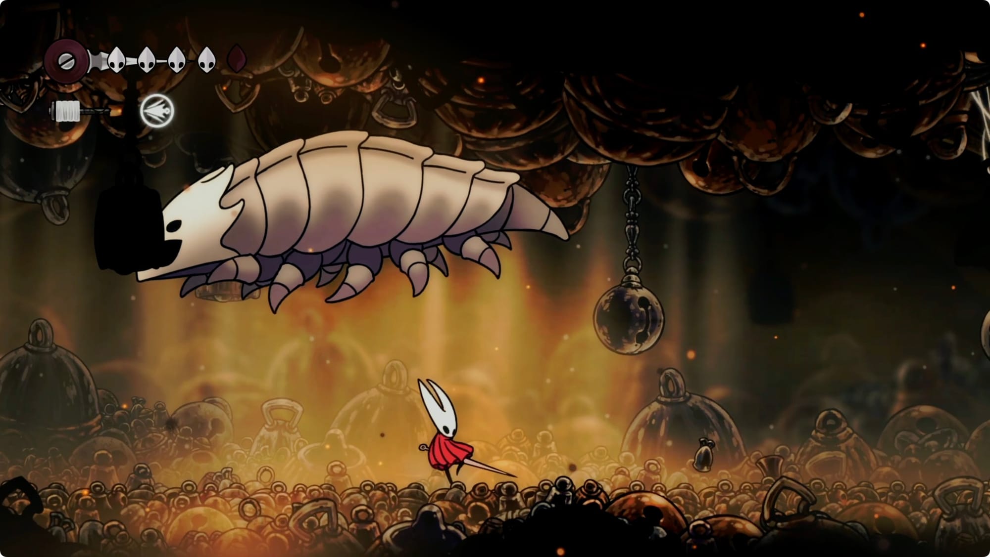 The Bell Beast jumping over Hornet in Silksong