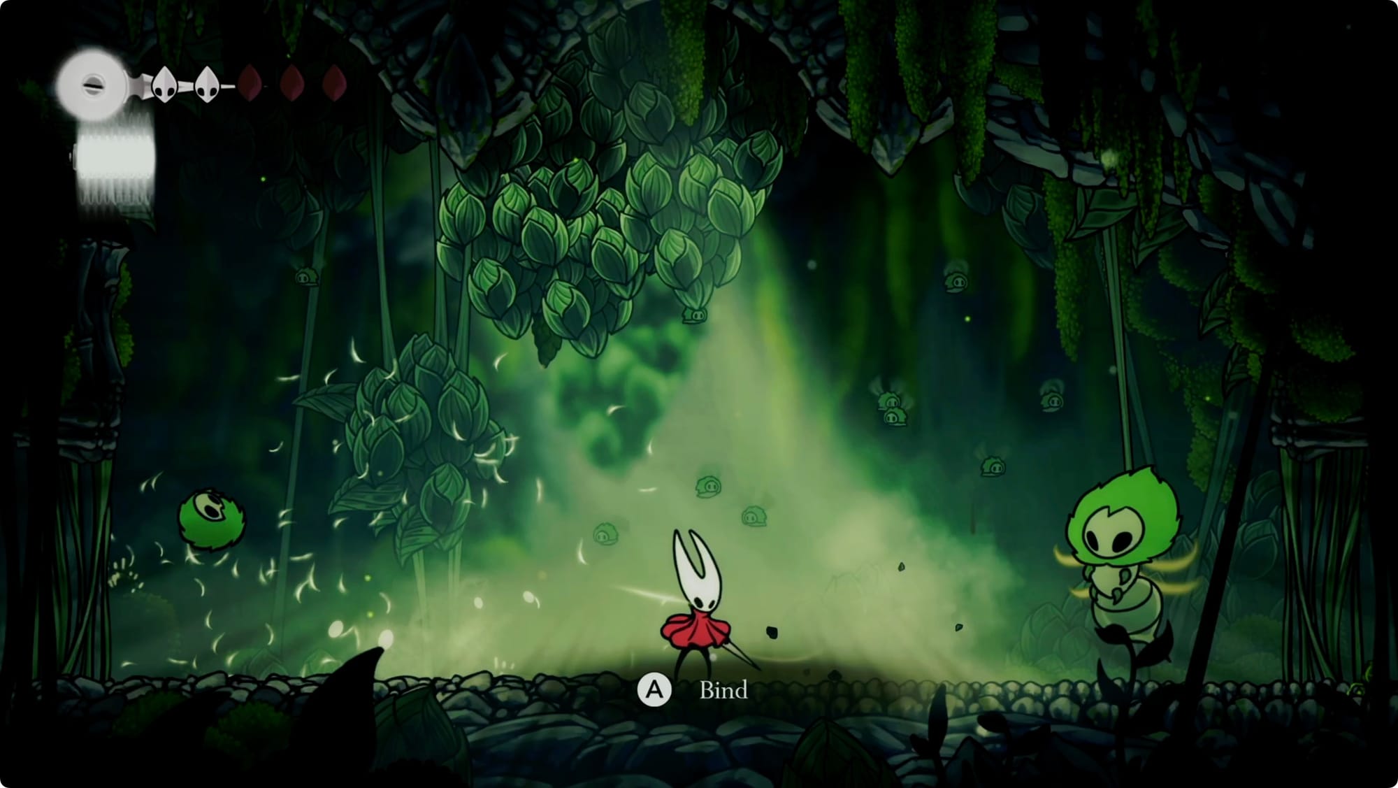 Hornet using Bind to heal in a fight with the Moss Mother