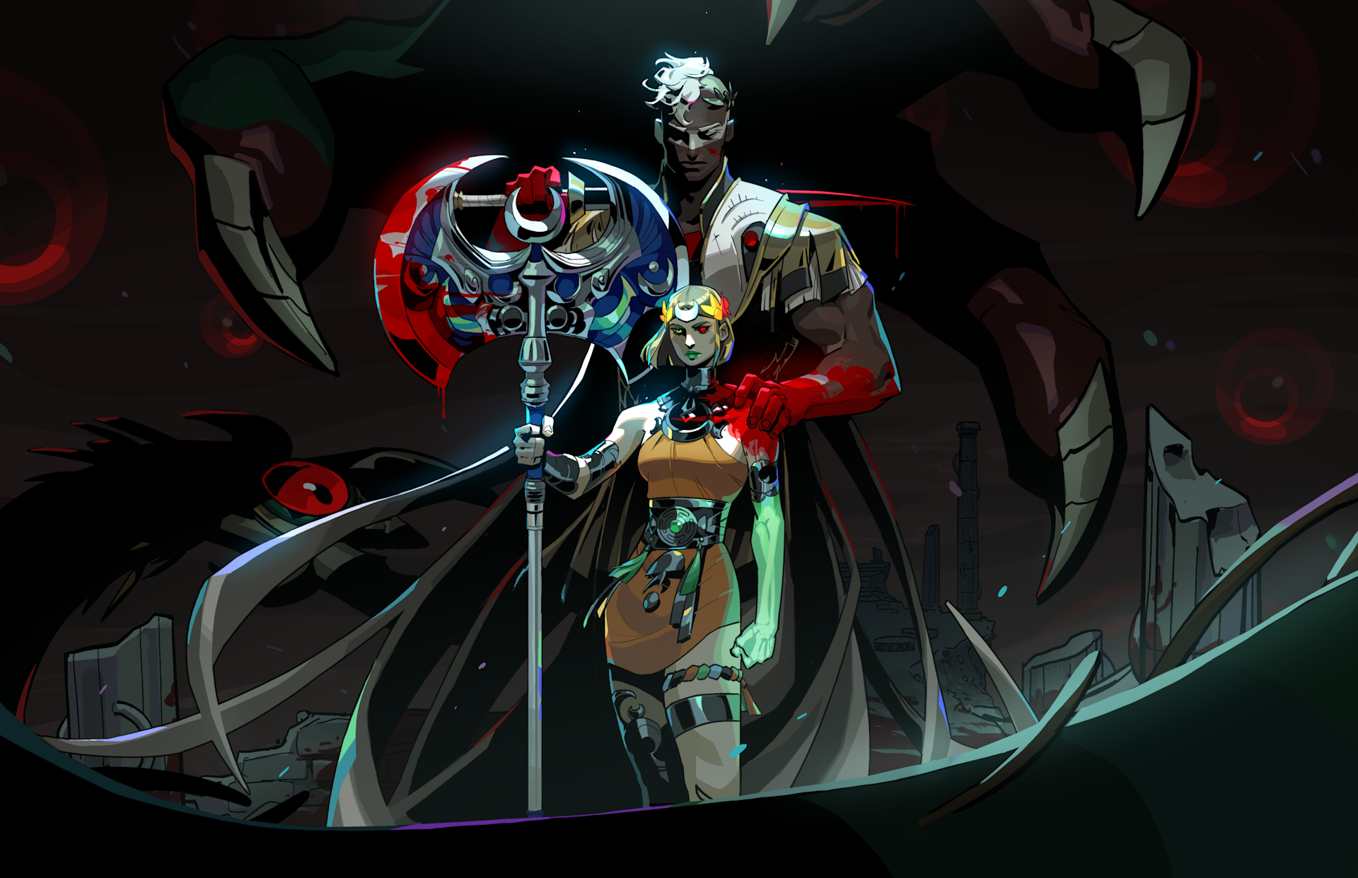 Melinoë poses with an Olympian in Hades 2
