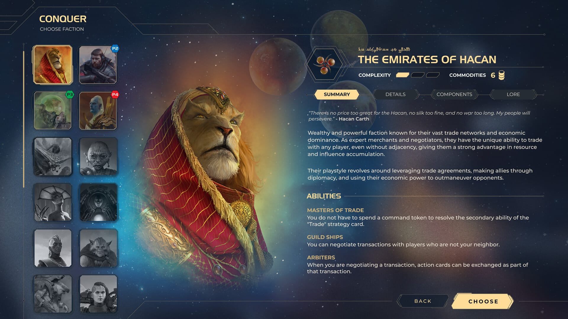 The faction selection screen from Twilight Imperium Digital