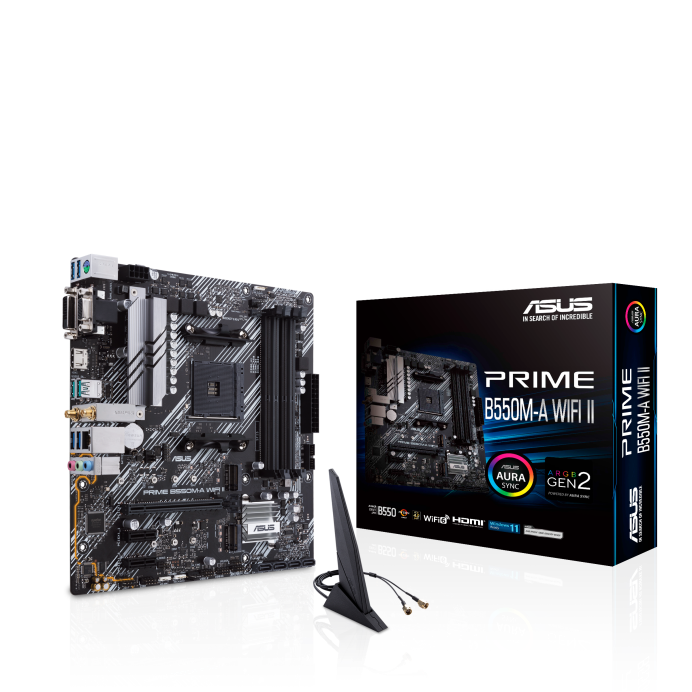 Promo photo of an Asus motherboard and its box.