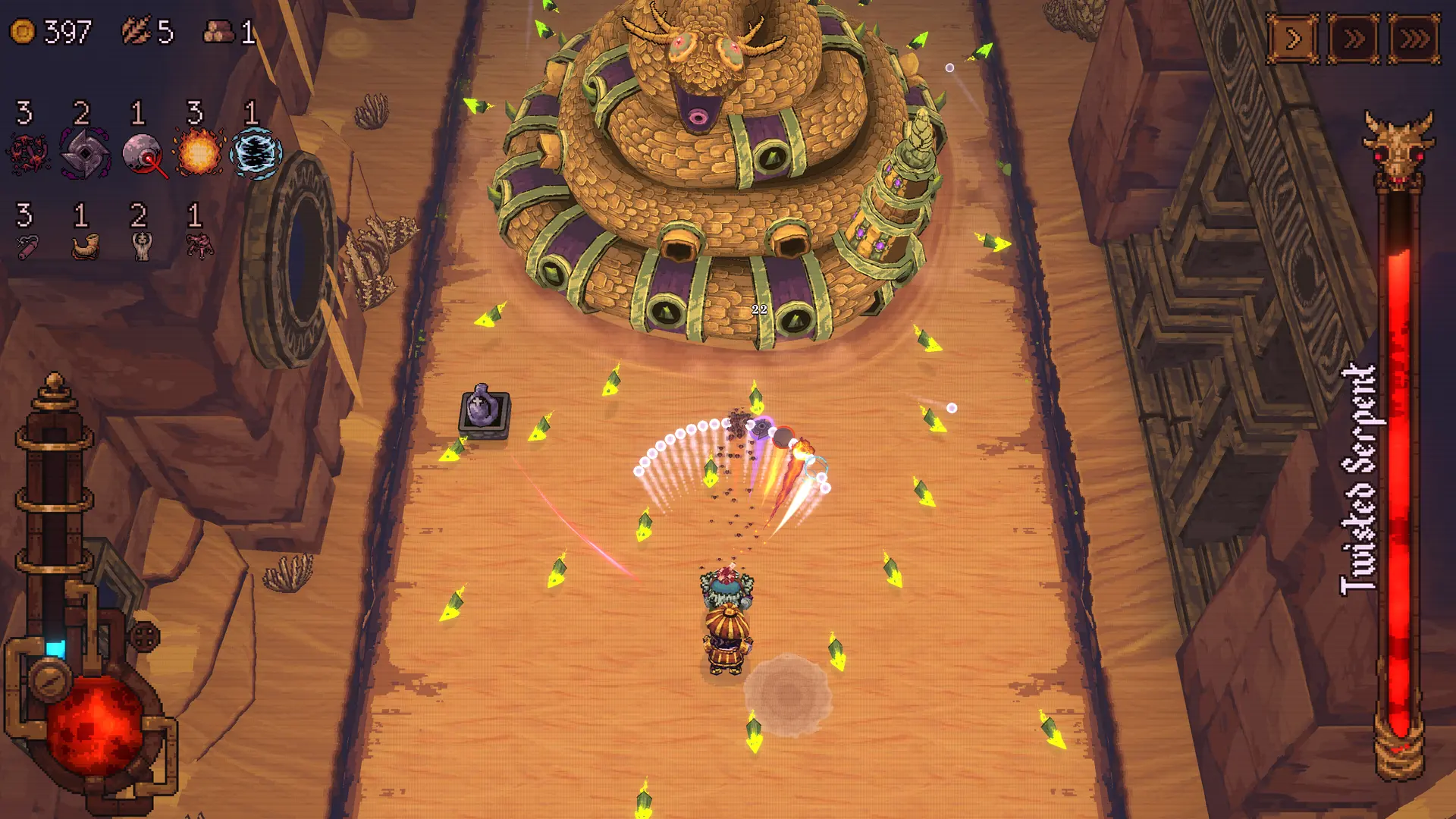 A group of characters fighting a giant snake in Ball x Pit