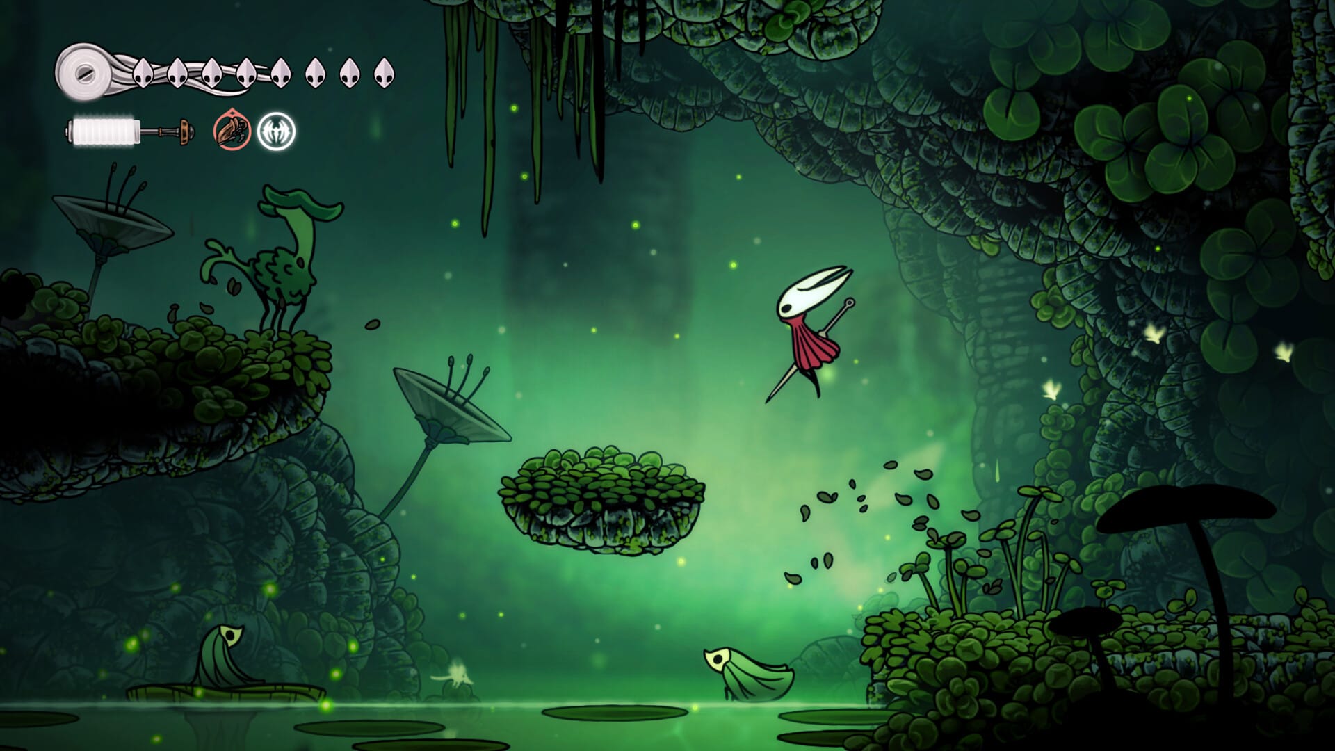 Hornet leaps through a peaceful, green world in Hollow Knight: Silksong