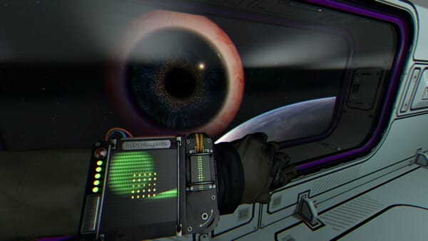 A giant eye floating in space and looking through the space station window in Evac Bay 09