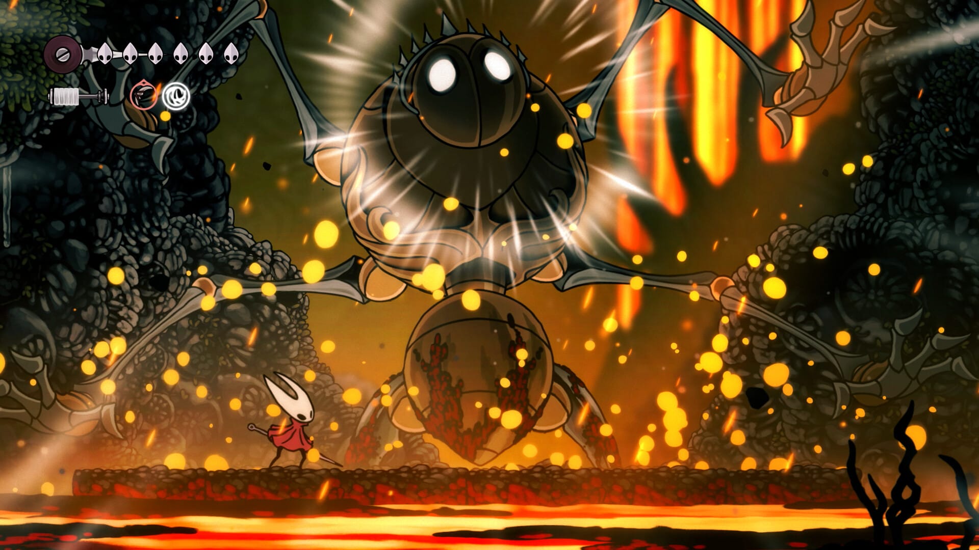 Hornet battles against a giant, mechanical boss