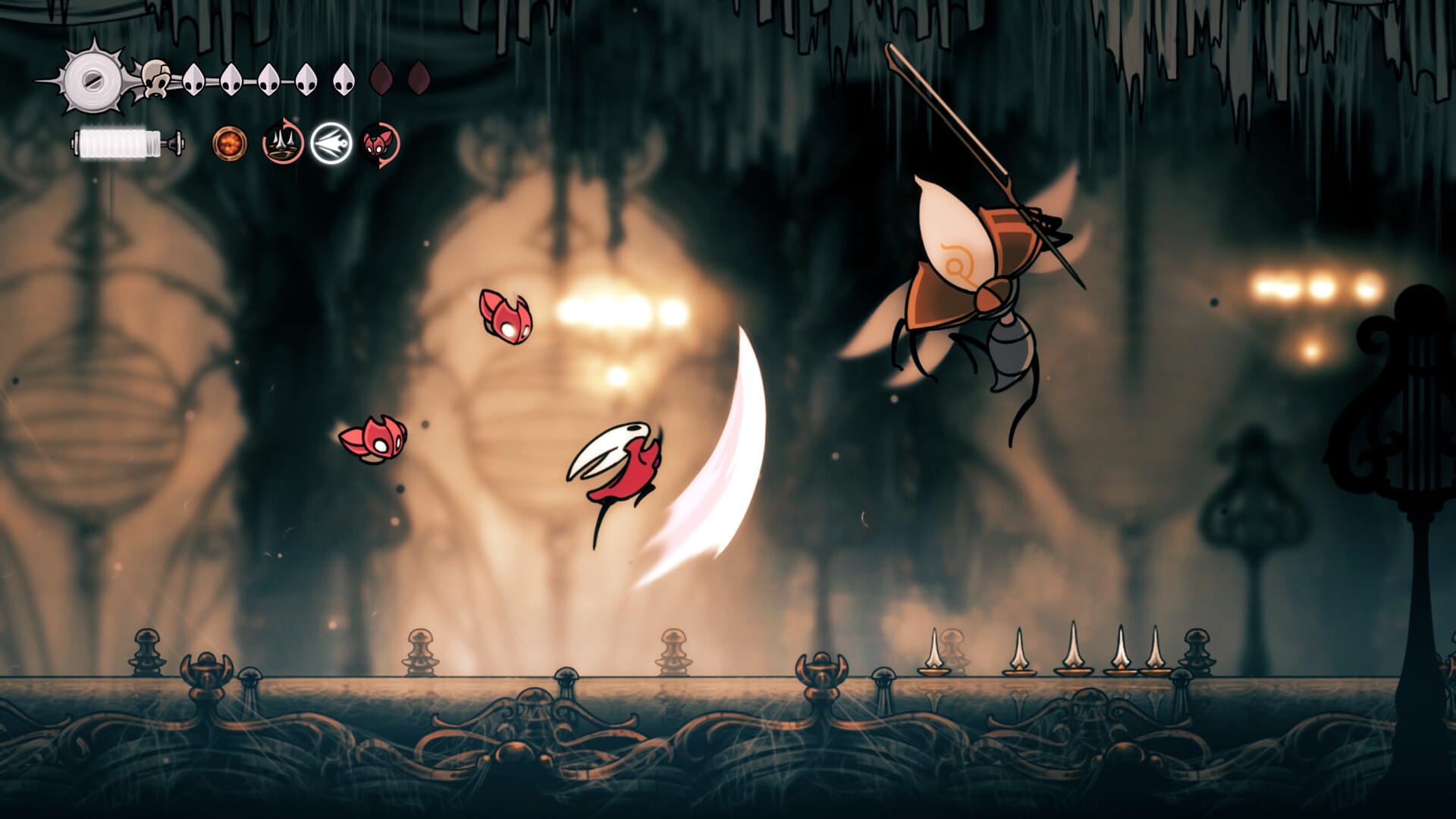 Hornet battles against a giant enemy in Hollow Knight: Silksong