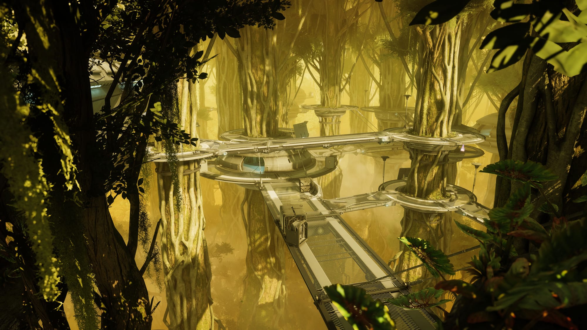 A look at a bunch of treehouses on Venus in Destiny 2: Renegades