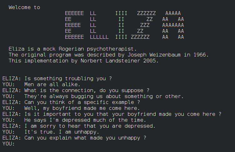A chatlog of a conversation with ELIZA