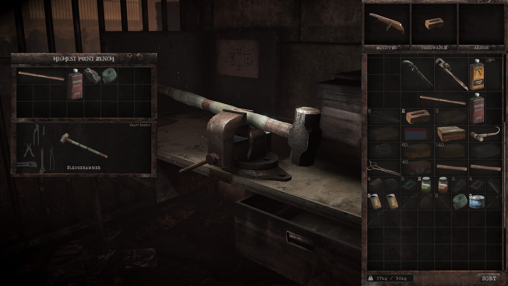 A player crafting a hammer in Total Chaos, with their inventory on the right side and the weapon's components on the left.