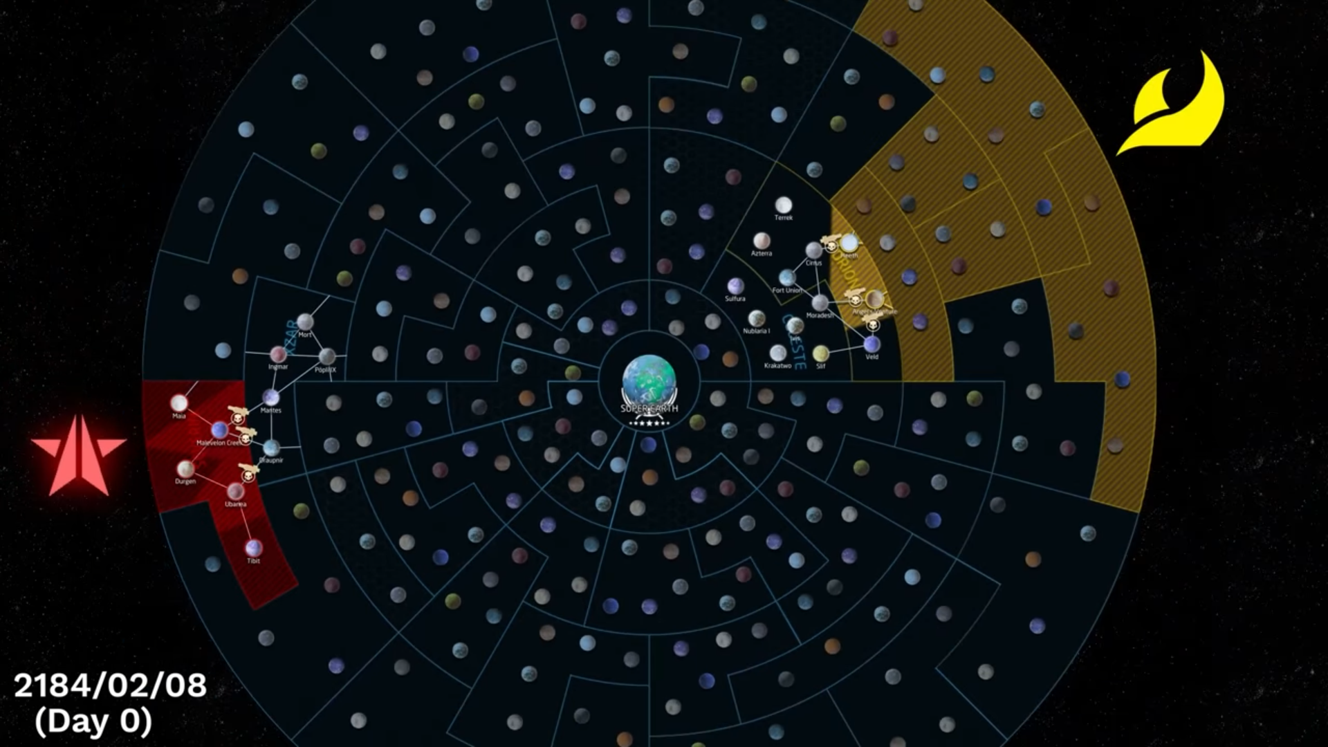 A snapshot of the Galactic Map in Helldivers 2, courtesy of the Galactic War Data Archive, which shows an Automaton presence in two sectors on the edge of the western side of the map, while the eastern side has several sectors taken over by the Terminids.