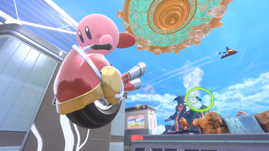 Kirby rides by on a Wheelie in Kirby Air Riders