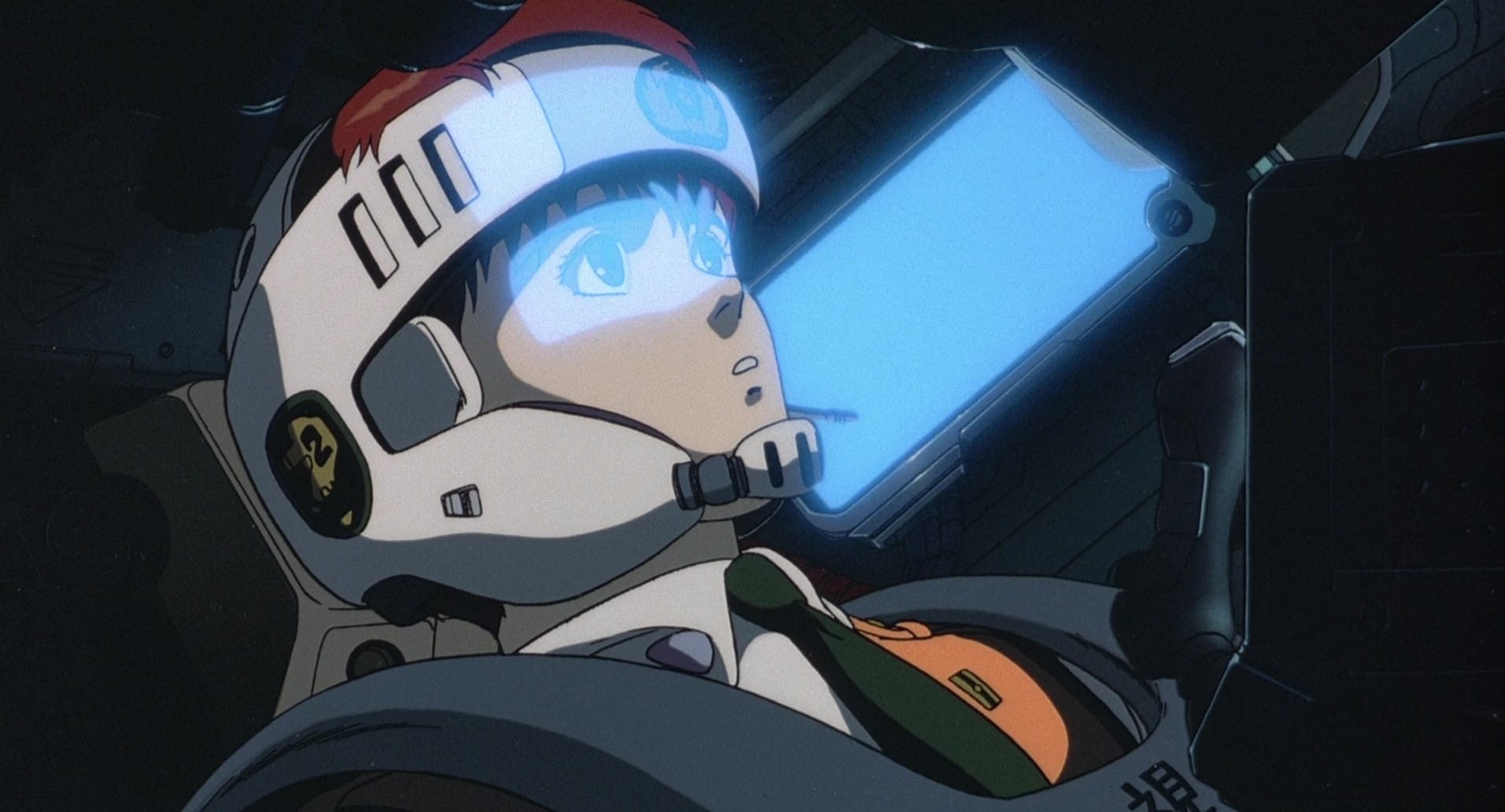 An image from the Patlabor anime, showing Noa Izumi in her Patlabor's cockpit.