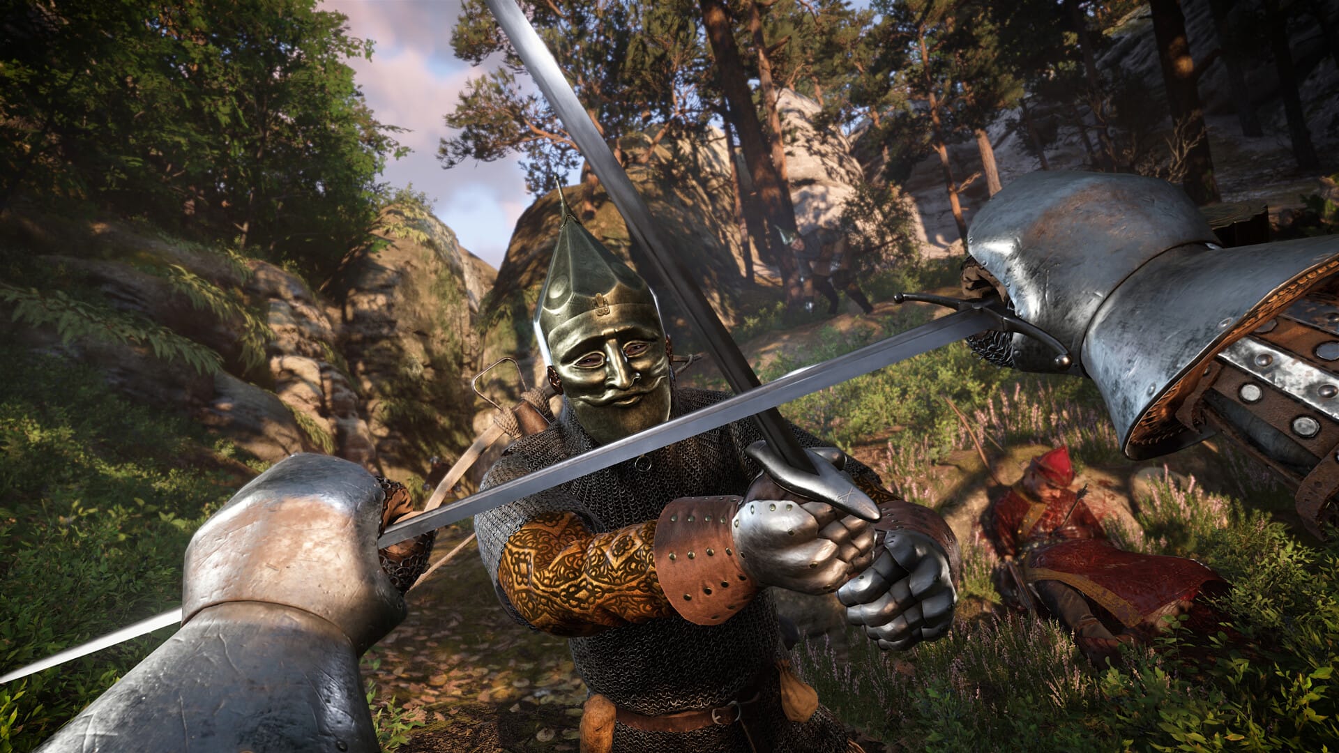 A first-person shot from Kingdom Come: Deliverance 2, showing Henry locked in sword combat with a masked oppponent.