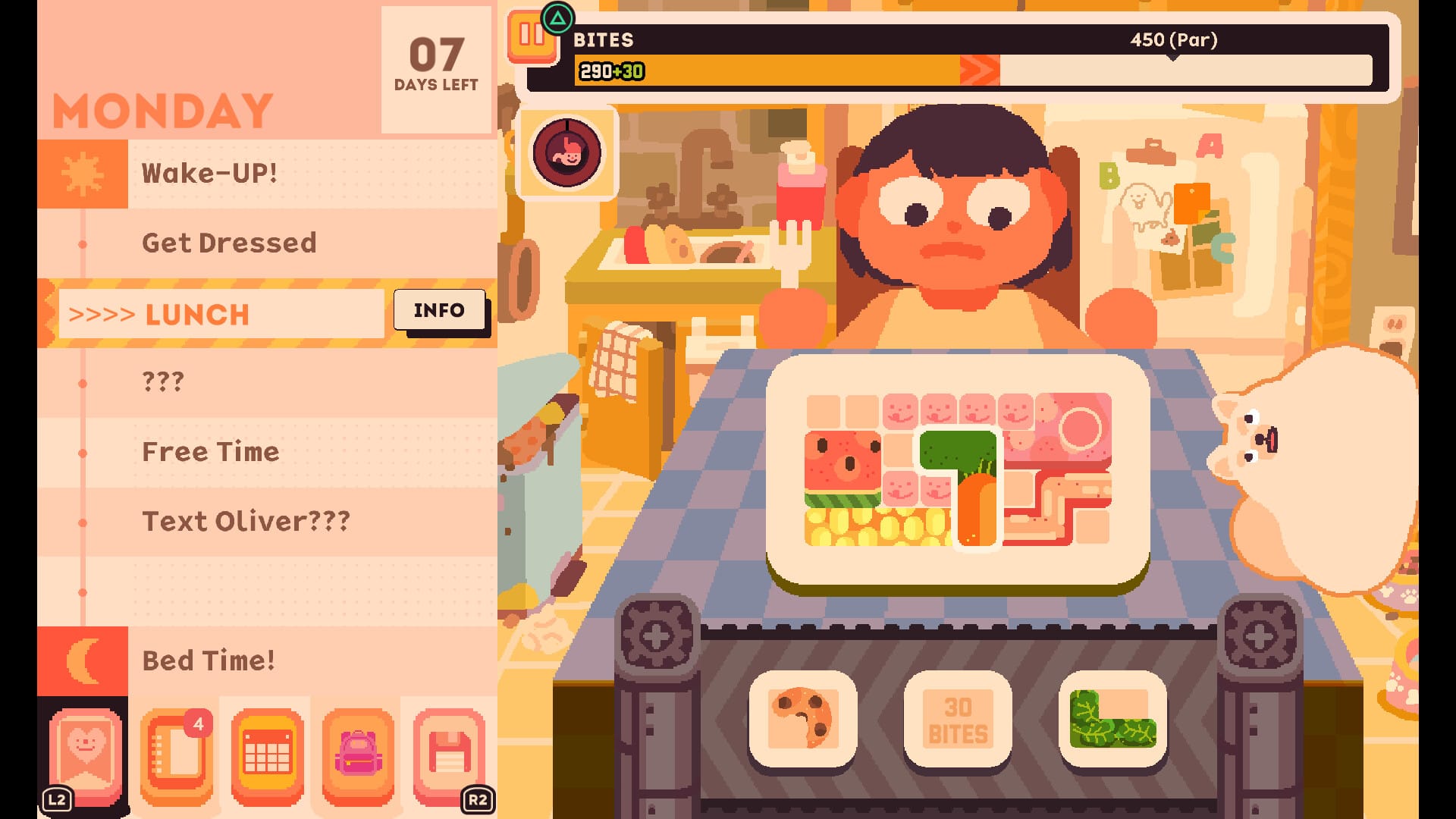 Jenny puzzles out her meal for the day with a tetris-like interface in a screenshot from Consume Me!