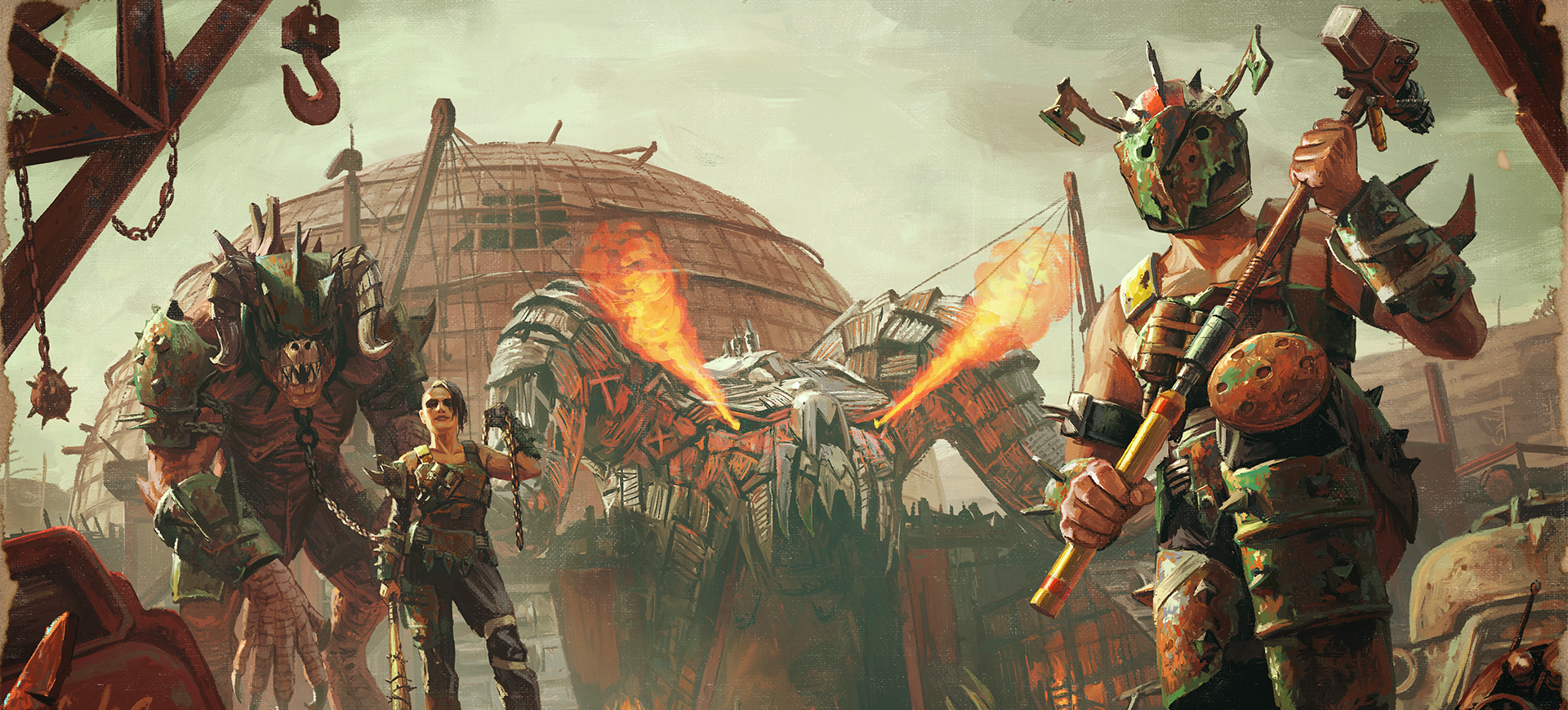 Key art for the Raiders and Rust themed update, showing rusted raiders and Deathclaws posing menacingly in front of their base, which has a giant metal Deathclaw head shooting flames out of its snout.