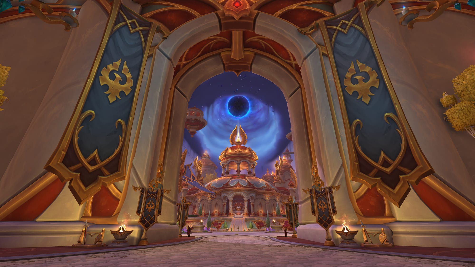 Silvermoon City in World of Warcraft: Midnight. In the distance, a menacing Void portal hovers above the Sunwell and the city.