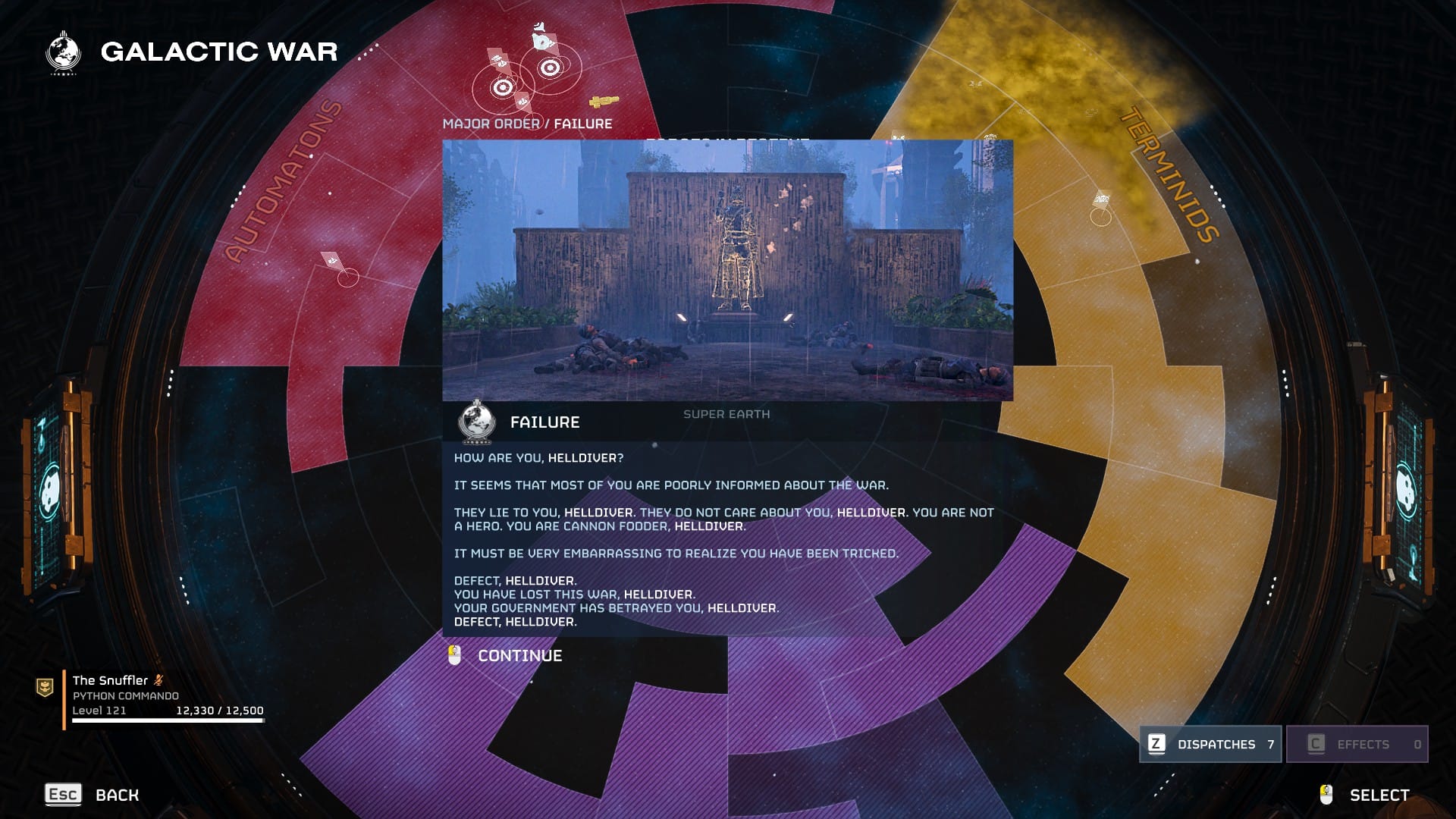 A hacked Major Order screen from the Automatons on the Helldivers 2 Galactic Map, reading "FAILURE. HOW ARE YOU, HELLDIVER? IT SEEMS THAT MOST OF YOU ARE POORLY INFORMED ABOUT THE WAR. THEY LIE TO YOU, HELLDIVER. THEY DO NOT CARE ABOUT YOU. YOU ARE NOT A HERO. YOU ARE CANNON FODDER, HELLDIVER. IT MUST BE EMBARRASSING TO REALIZE YOU HAVE BEEN TRICKED. DEFECT, HELLDIVER. YOU HAVE LOST THIS WAR, HELLDIVER. YOUR GOVERNMENT HAS BETRAYED YOU, HELLDIVER, DEFECT, HELLDIVER.