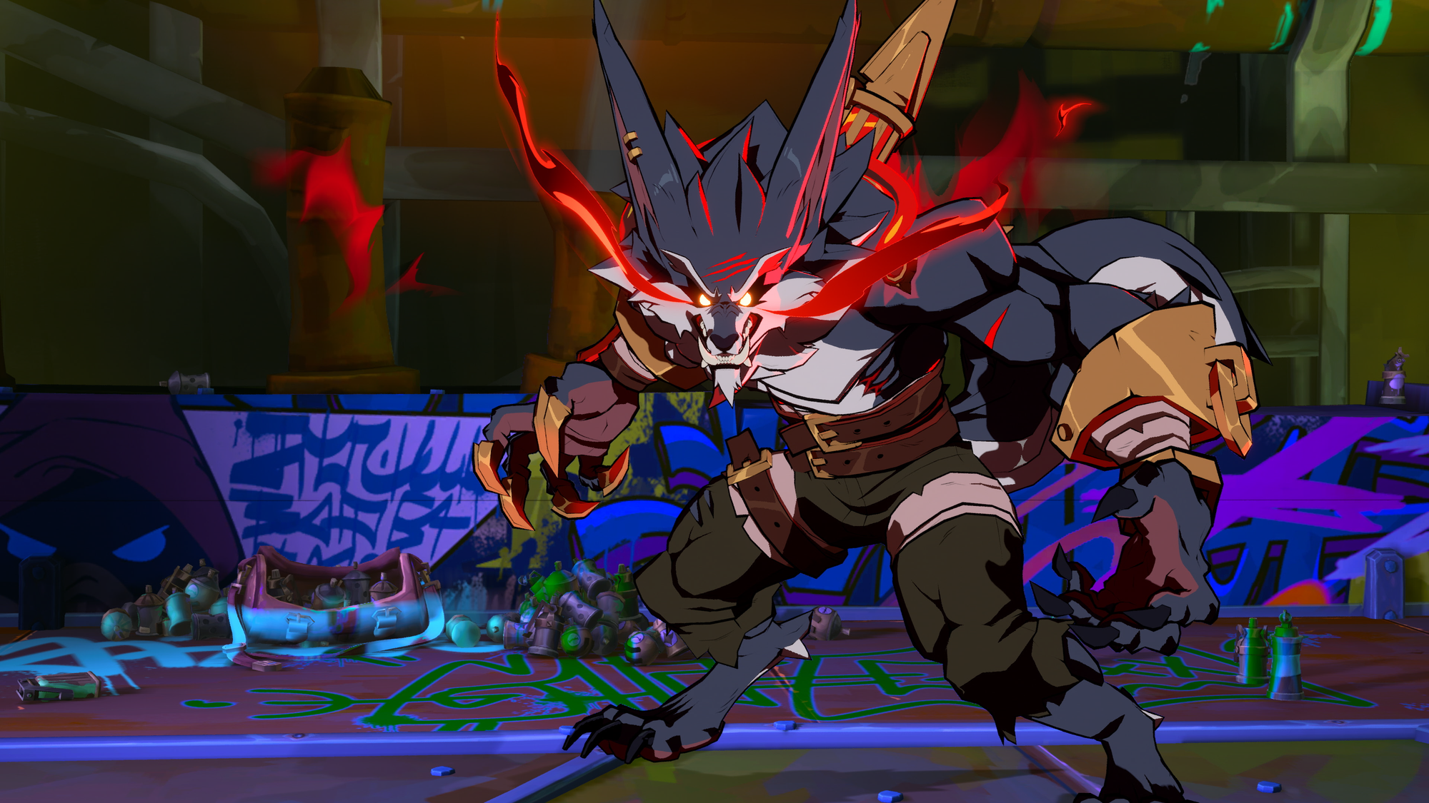 Warwick, a wolfman with long bat-like ears and machinery built into his back, poses in a rage-fueled frenzy in a screenshot from 2XKO.