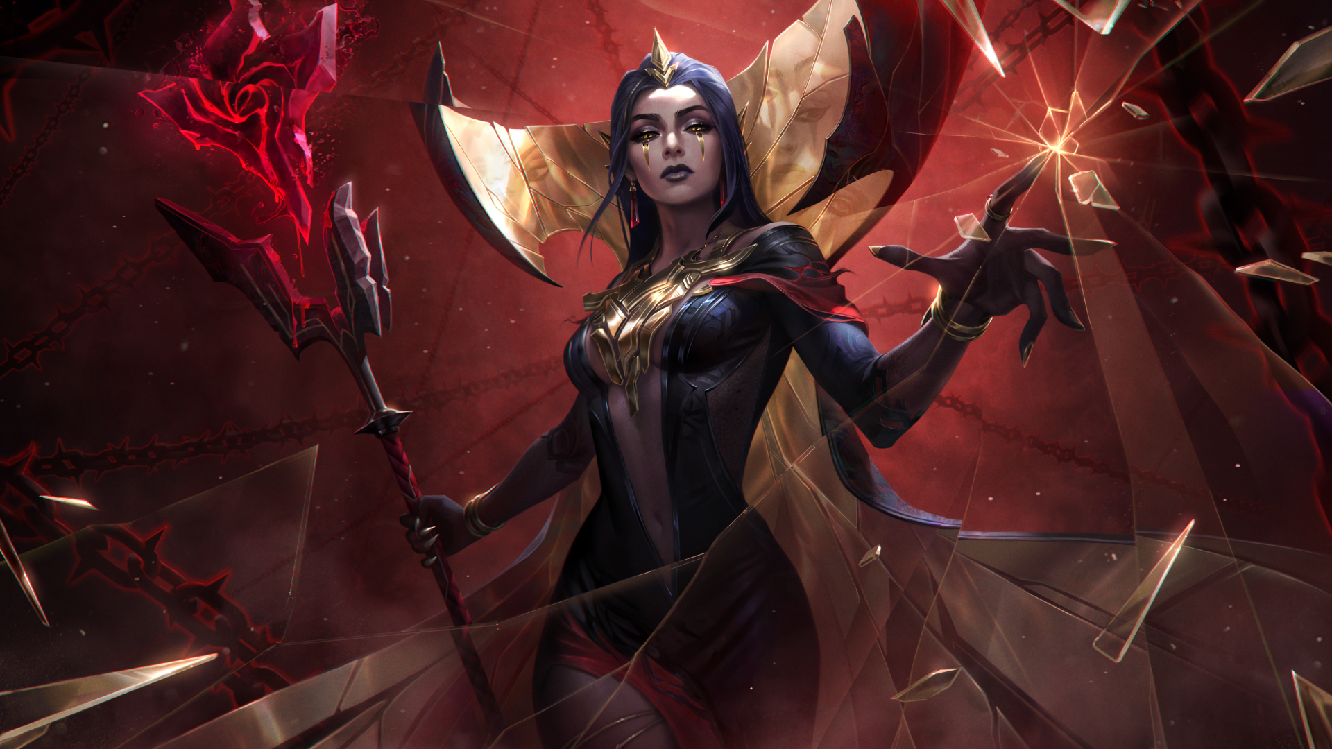 LeBlanc's splash art, showing a pale woman with golden highlights, a massive collar and cape, and a red rose staff manipulating a wall of mirrors with a touch.