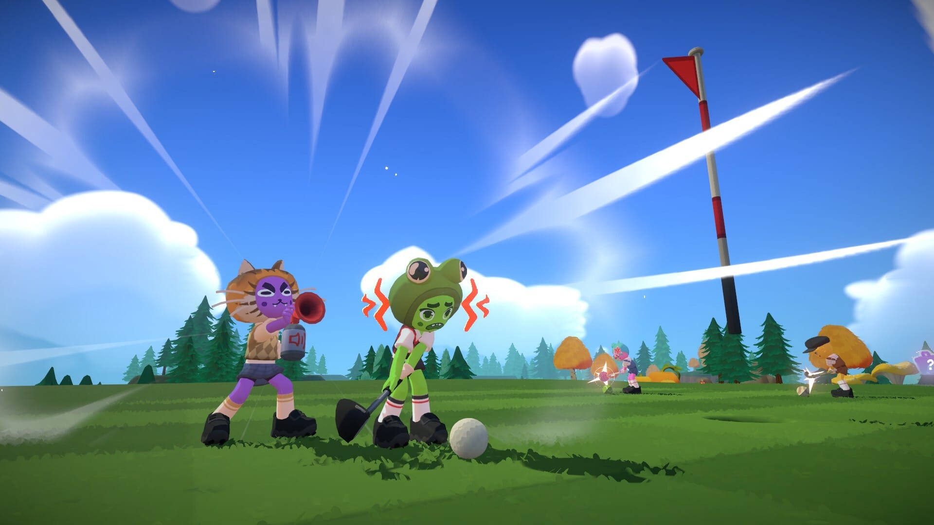 A player prepares to make a high stakes putt in Super Mega Golf, only to have another player blare an airhorn directly behind their head.
