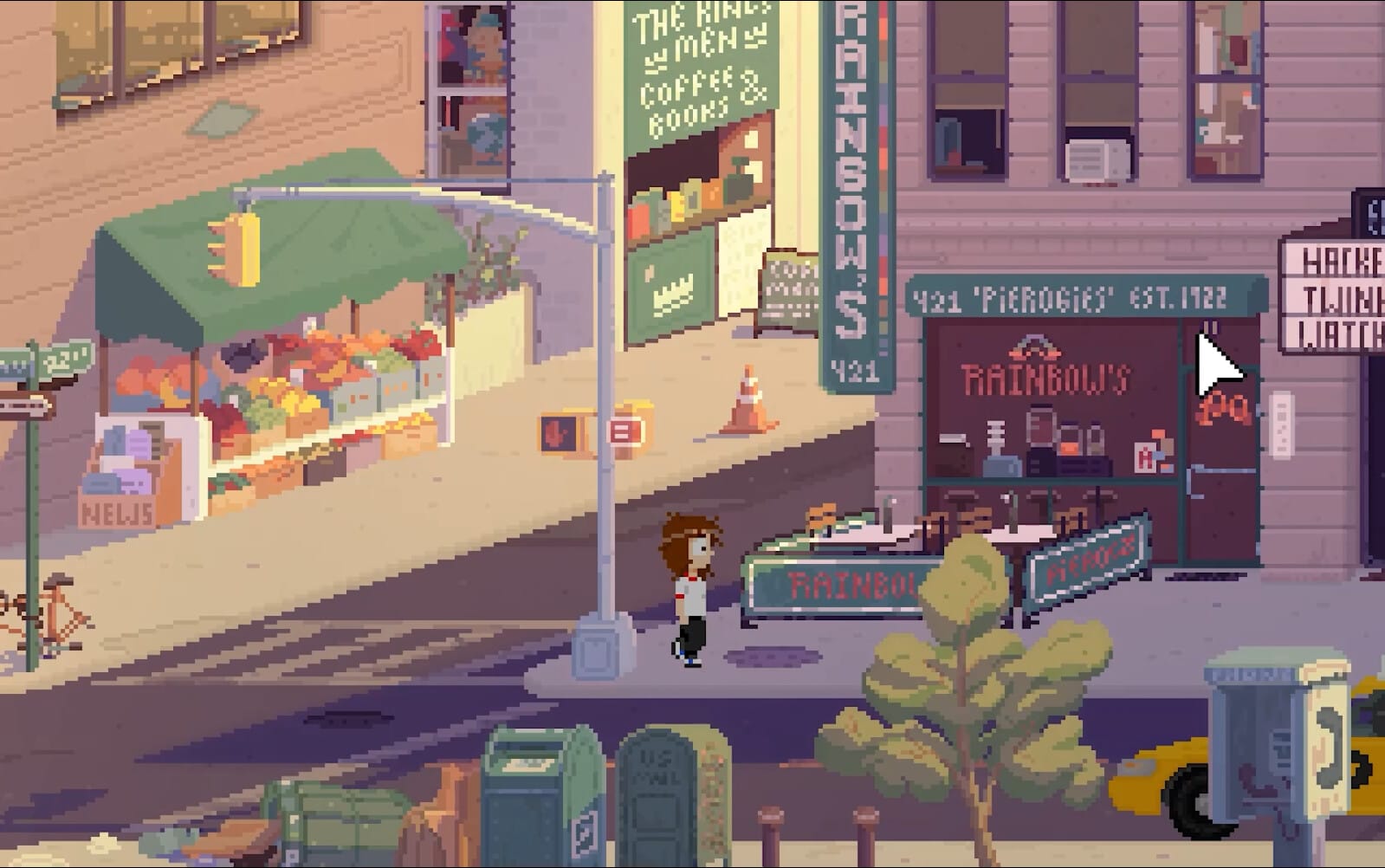 Mara walks down a city street past a Piergo shop and theater. In the foreground is a payphone, mailbox, and garbage cans; the background has a coffee shop and little grocer.