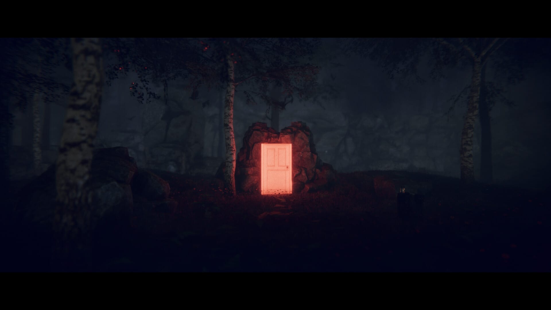 An ominous red door awaits in the woods in this screenshot from Project Songbird