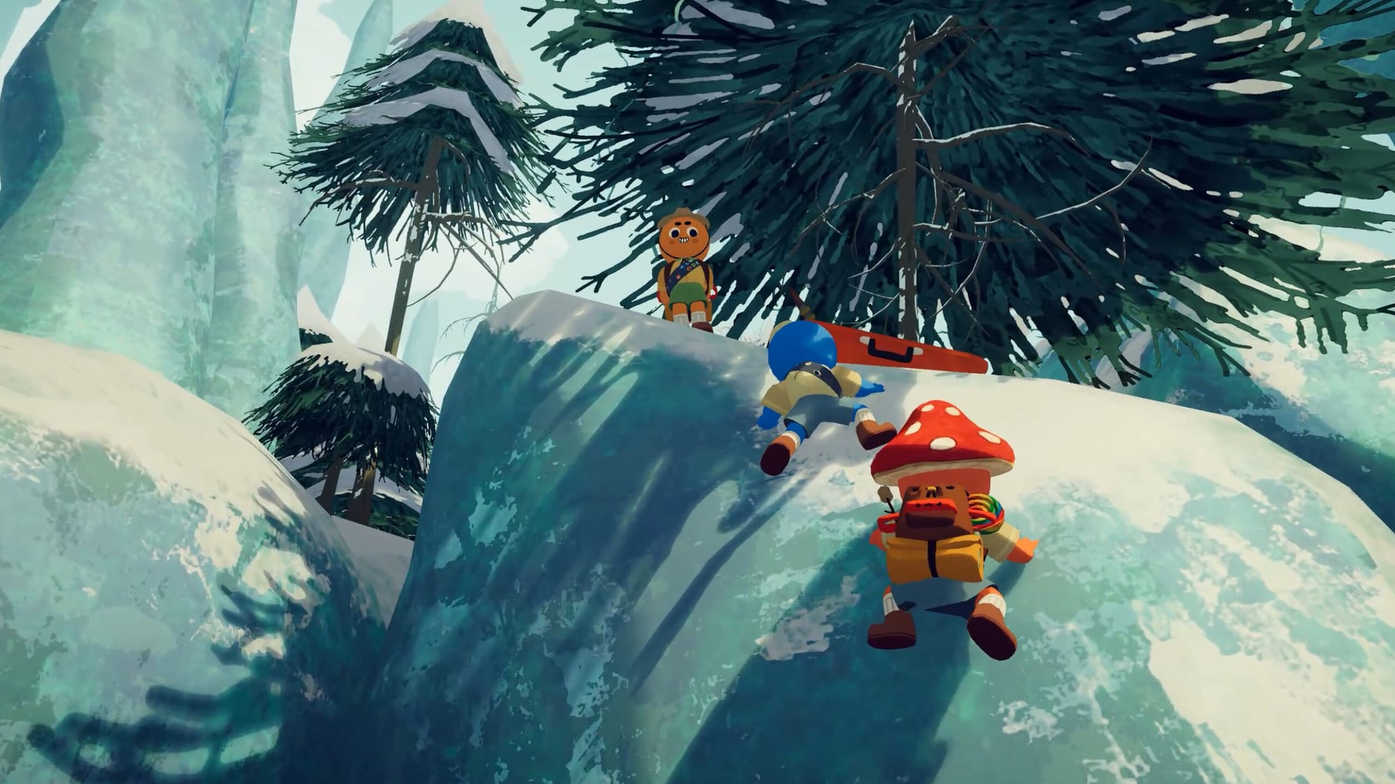 A team of Scouts climb an icy slope in the Alpine Biome of PEAK.