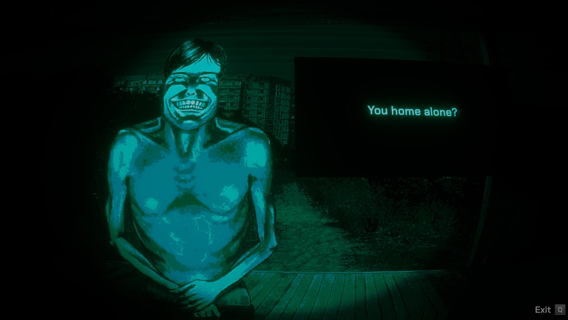 A shirtless man with an eerie smile and strange proportions grins sadistically through the peephole in a segment of No, I'm Not a Human. He's asking "You home alone?"