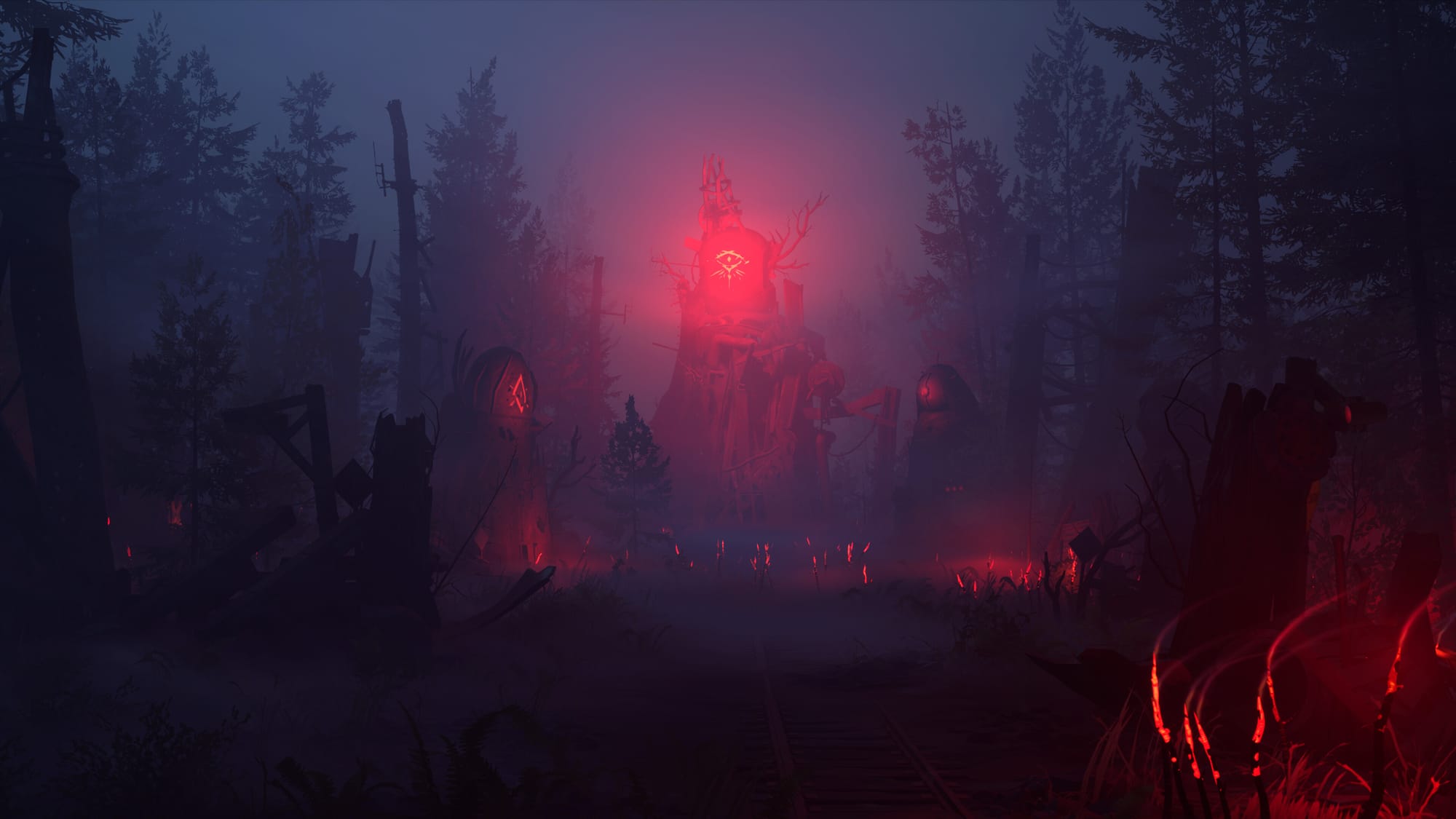 A dark forest scene is illuminated by an ominous red eye light in the middle of a makeshift structure in a promotional image for Whispers in the Woods, a new Pacific Drive expansion.