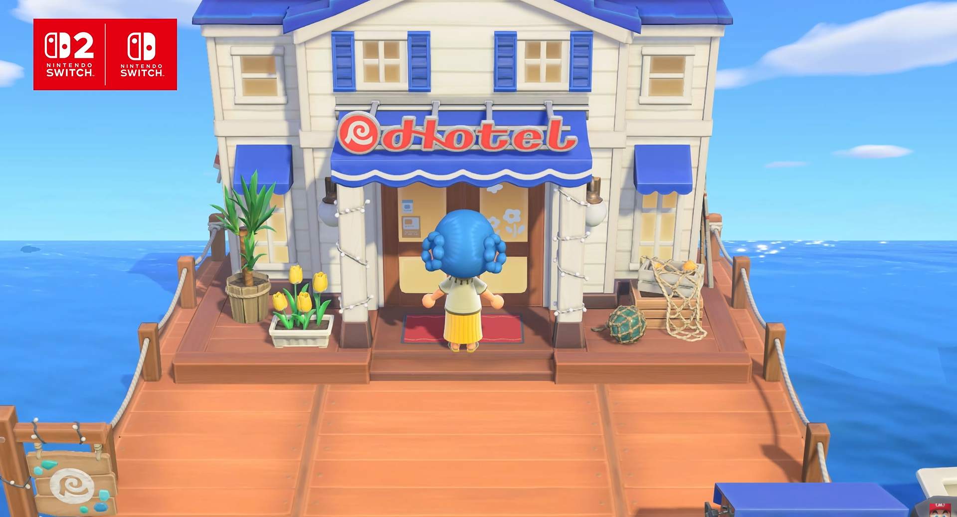 A screenshot from the Nintendo Direct reveal of Animal Crossing: New Horizon 3.0, with a player character outside Kapp'n's new seaside hotel.