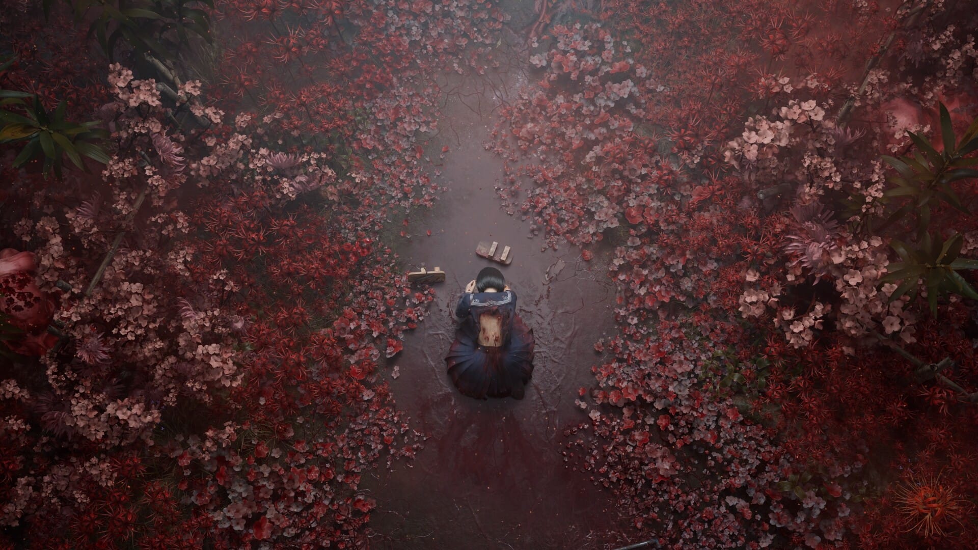 The main character in Silent Hill F collapses to the ground in a field of flowers