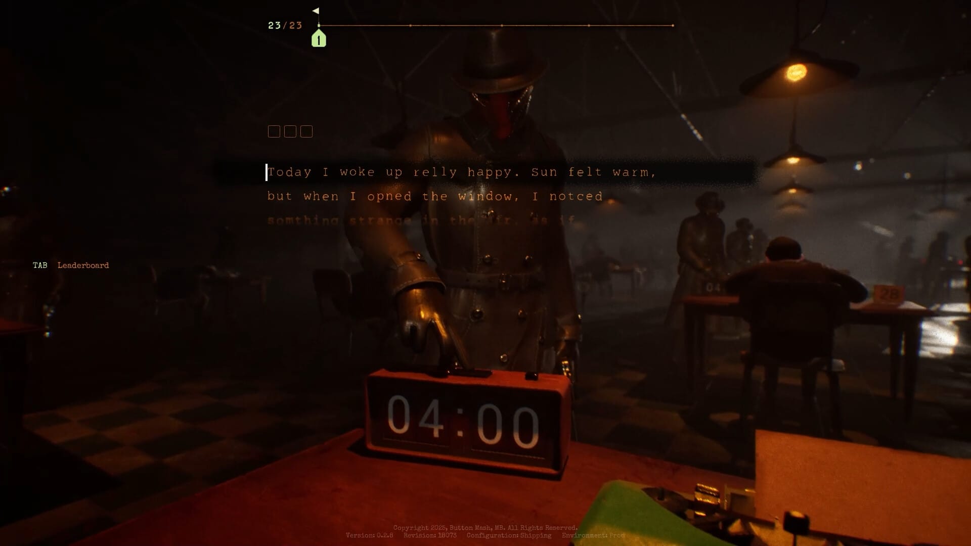 A player is typing a sequence of words about waking up on a sunny day in Final Sentence, a new typing-focused battle royale. An armed guard stands over