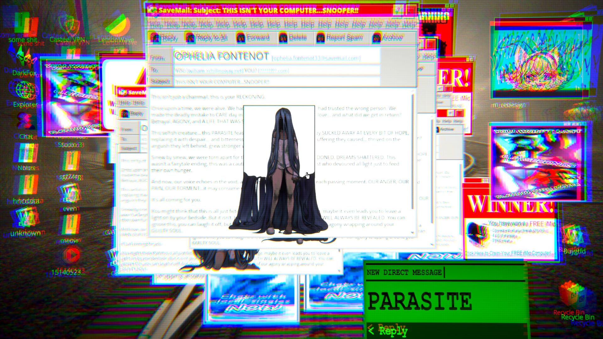 A 2000s-era desktop that is glitching and falling apart, with distorted windows opening and distorting. In the center is a woman with long hair obscuring her face, ominous and foreboding. 