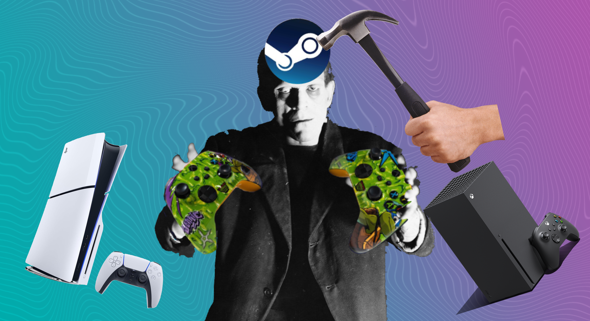 A poorly photoshopped image of Frankenstein('s monster) holding two controllers