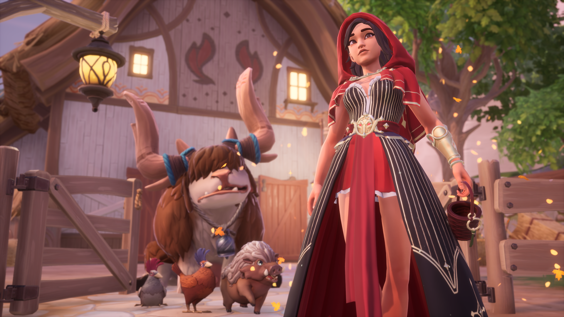 A player stands outside a barn in Palia, which houses one ormuu (a large cow-like creature), a trufflet (a furry pig), and two pekis (chickens)