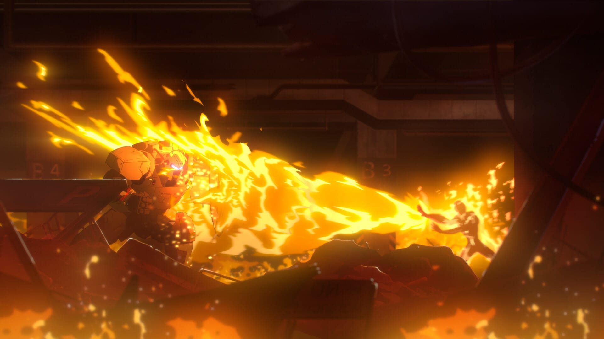 Mecha Man battles a flaming villain in Dispatch