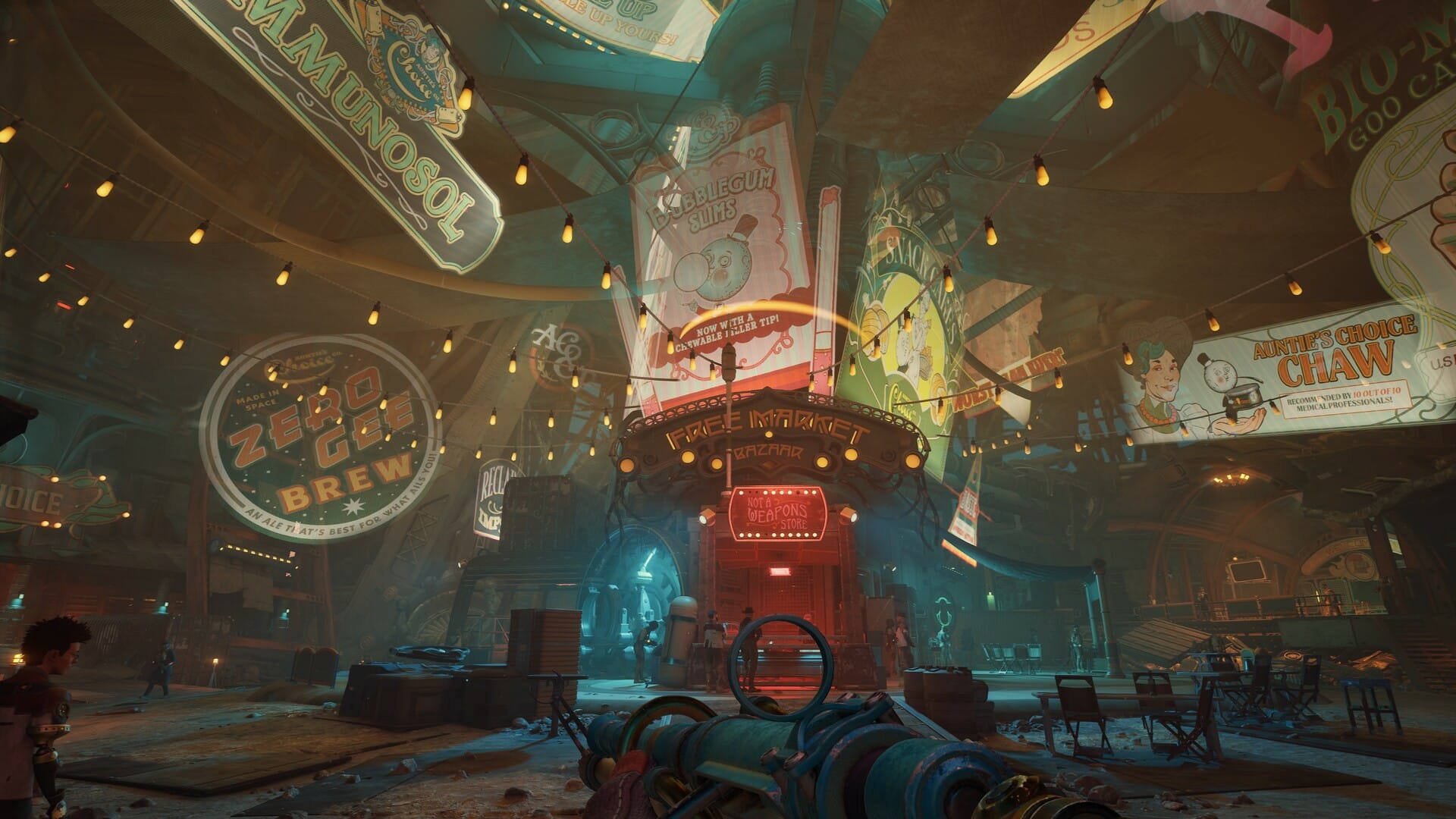 A crashed trading vessel in The Outer Worlds 2 that has been turned into a commerce hub. The space is festooned with various advertisements for Auntie's Choice products and services.