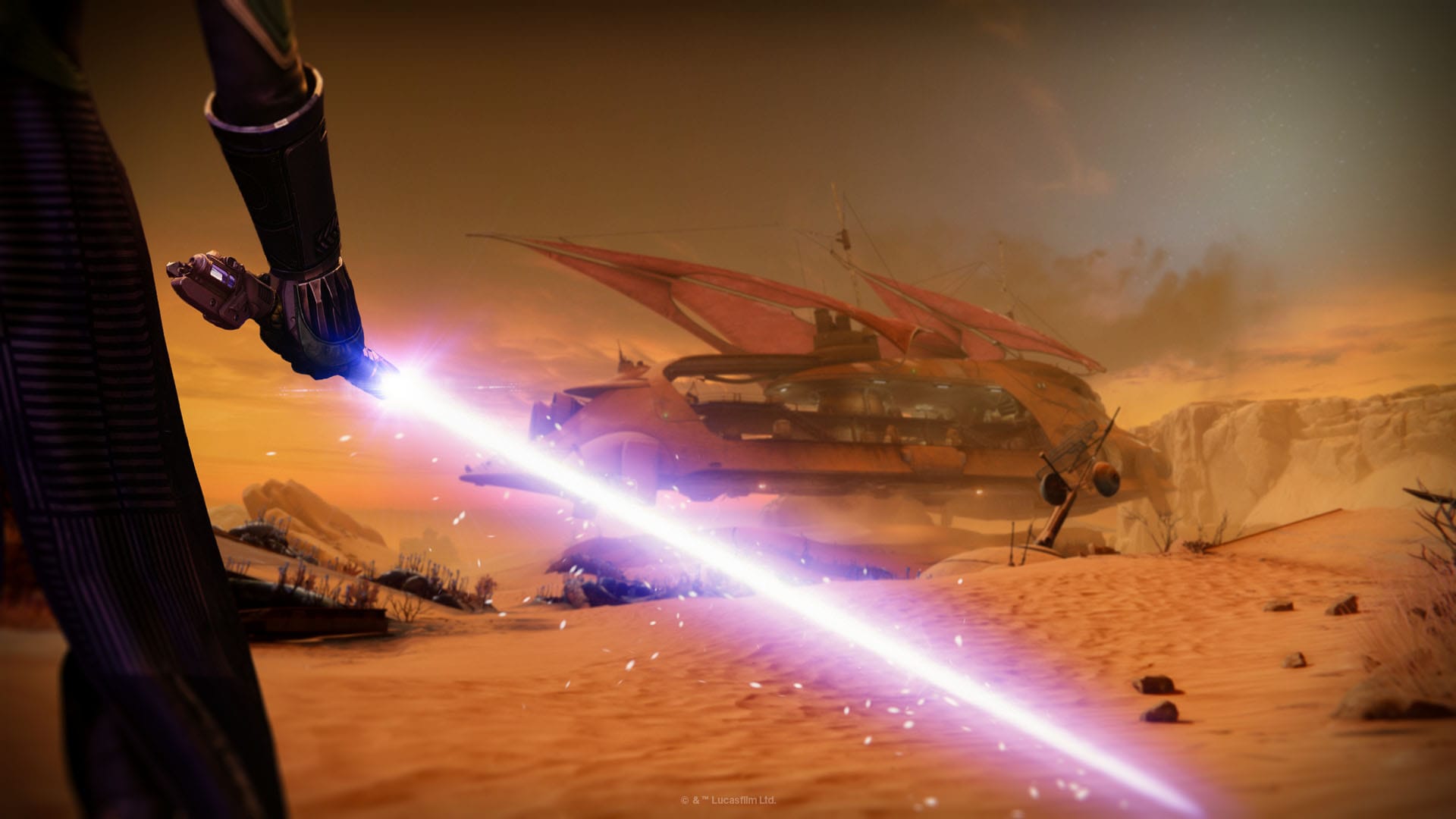 A Guardian uses a lightsaber while looking at a barge