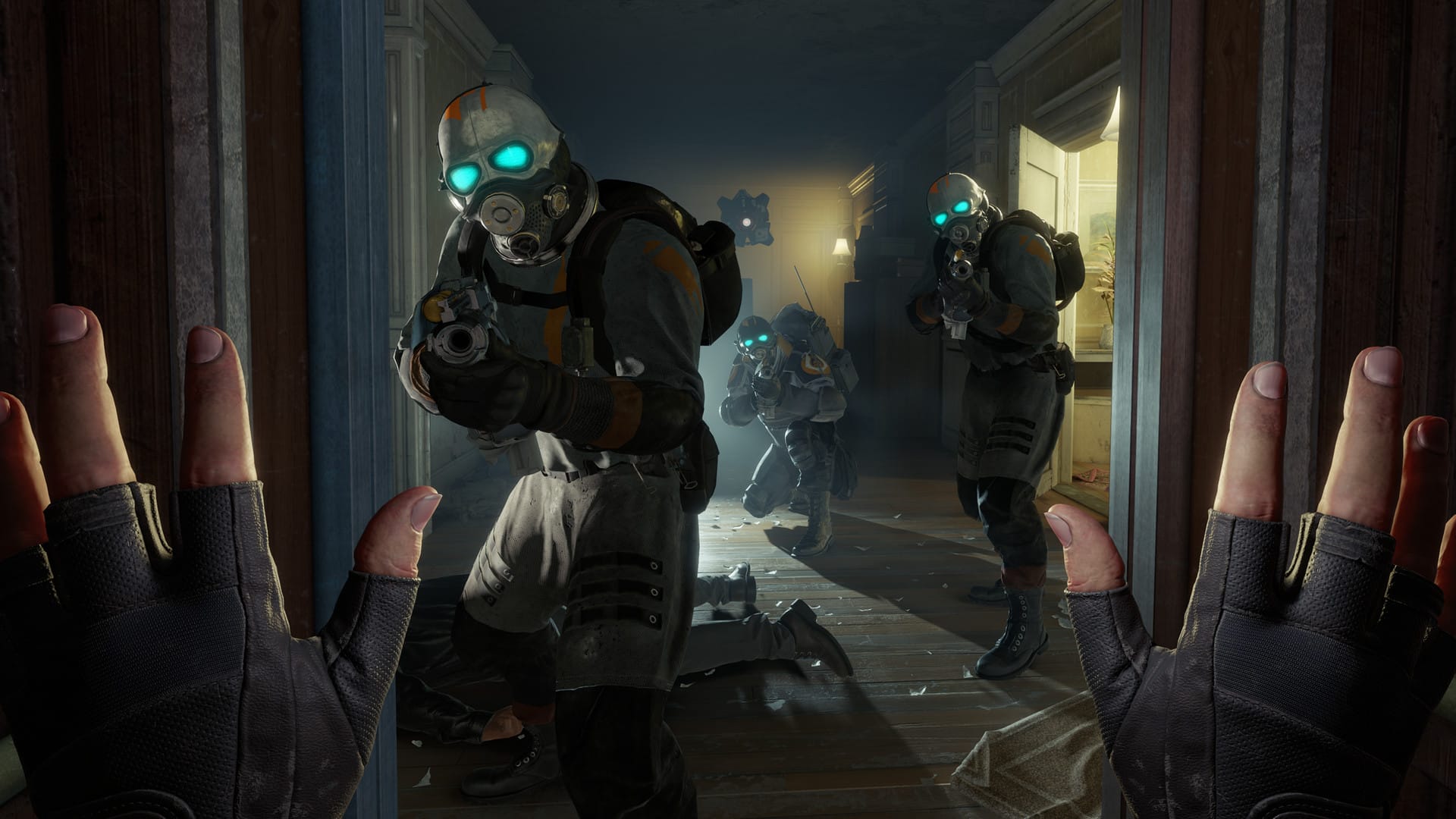 Alyx is appearing to surrender to three Combine soldiers in an abandoned apartment in a screenshot from Half-Life: Alyx