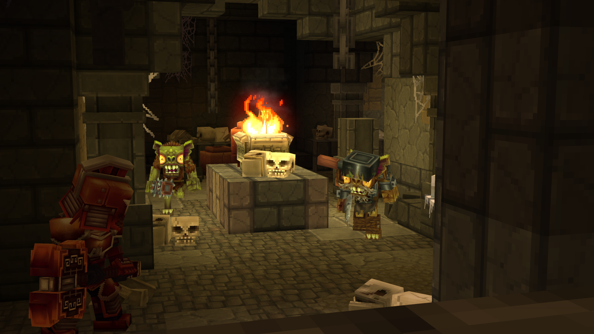 A player in Hytale, decked out in copper armor, is about to fight a couple of goblins in an underground stone dungeon festooned with chains, skulls, and a large torch.