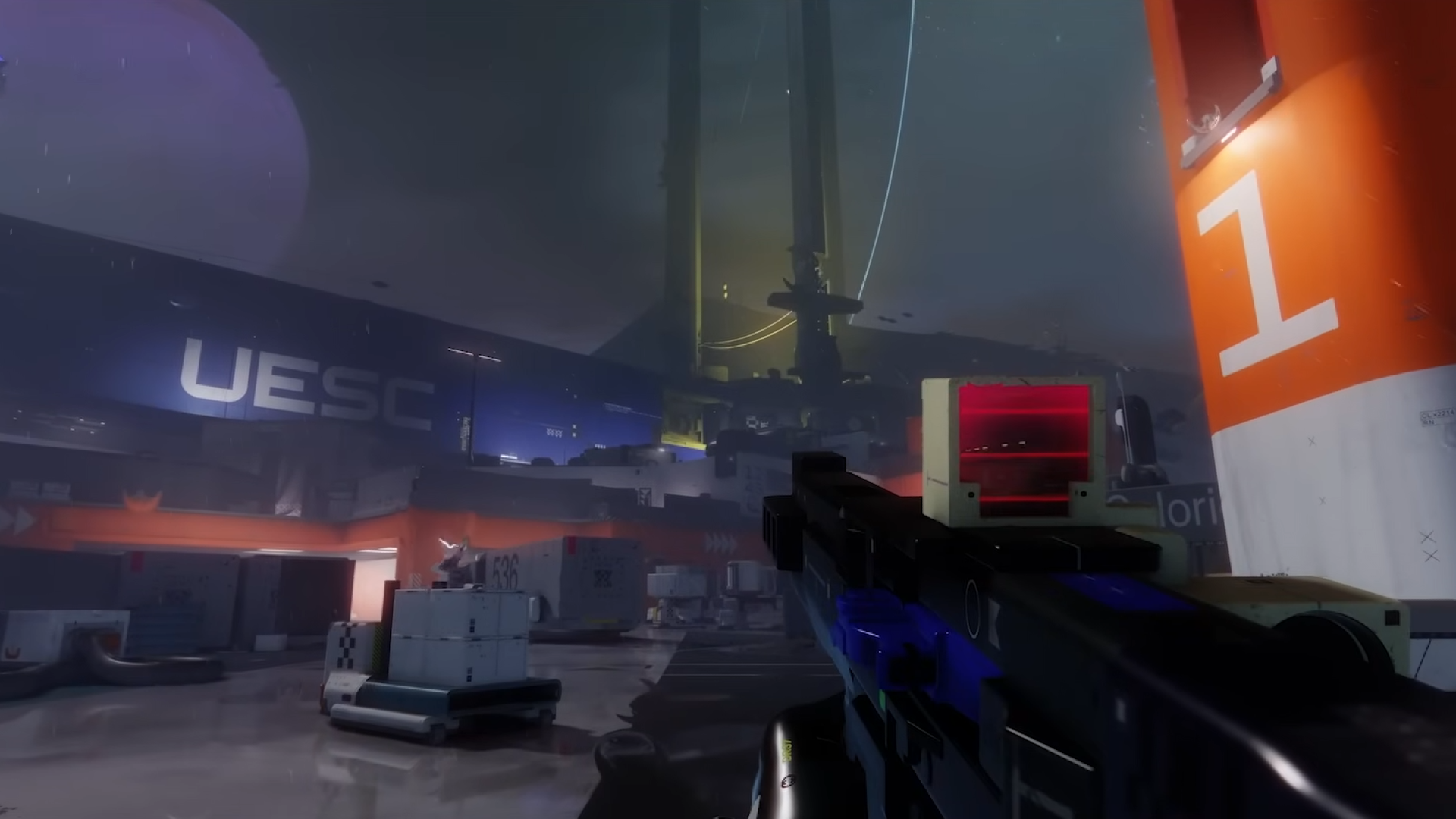 A runner looks up at a dark UESC ship