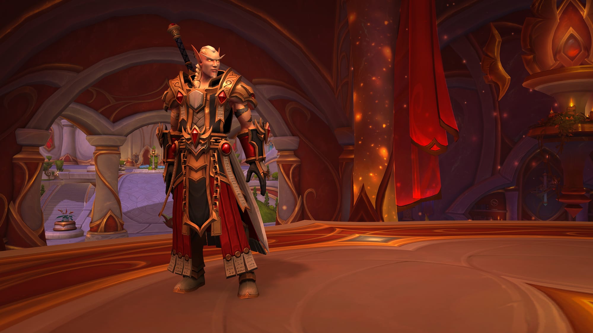 Arator the Redeemer, a blood elf Paladin wearing a modified version of Judgment armor to show his tattooed arms, stands in Silvermoon City.