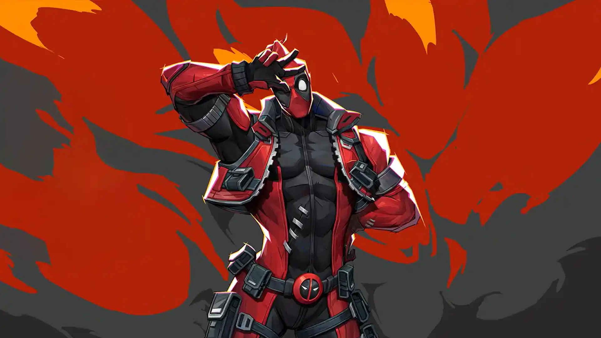 Deadpool, a red-and-black clad mercenary with big expressive eyes through his mask poses with a peace sign. Behind him is a massive explosion.