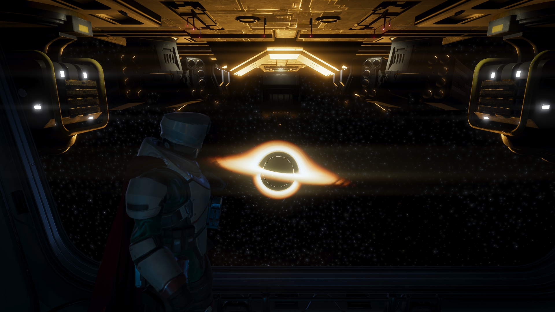 The black hole where Penta used to be, rimmed with a bright orange flare. A player is observing the phenomenon from aboard their Super Destroyer spaceship.