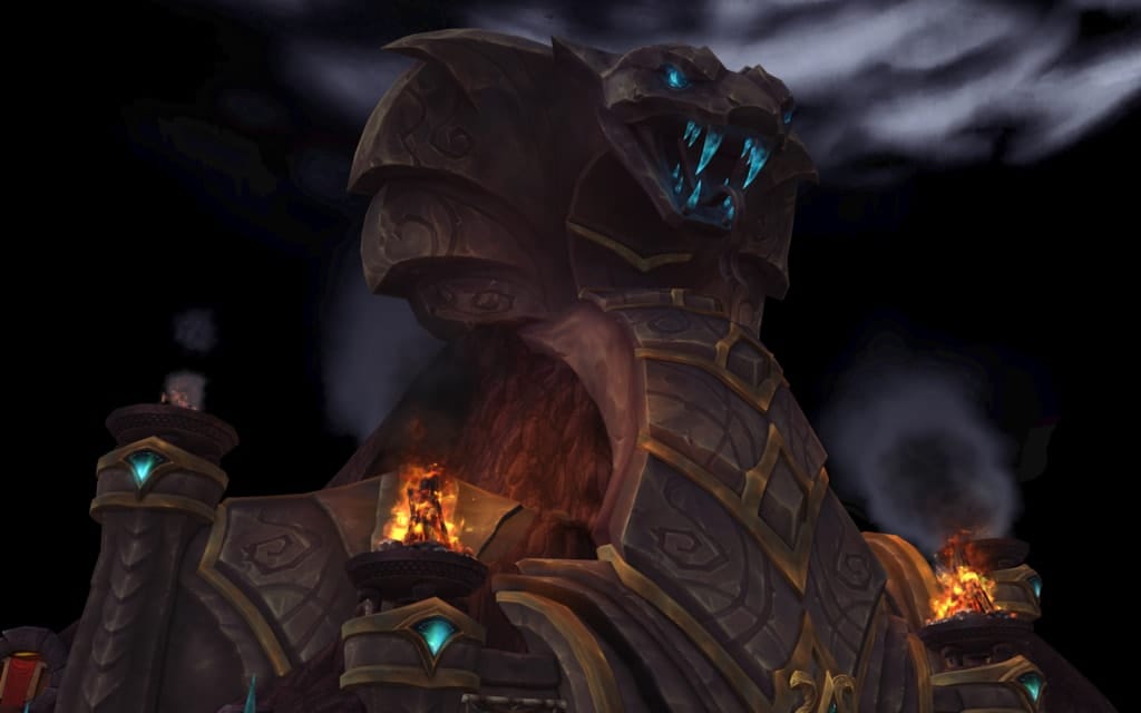 A massive snake sculpture representing the Sethrak people, depicted in a screenshot from World of Warcraft: Battle for Azeroth