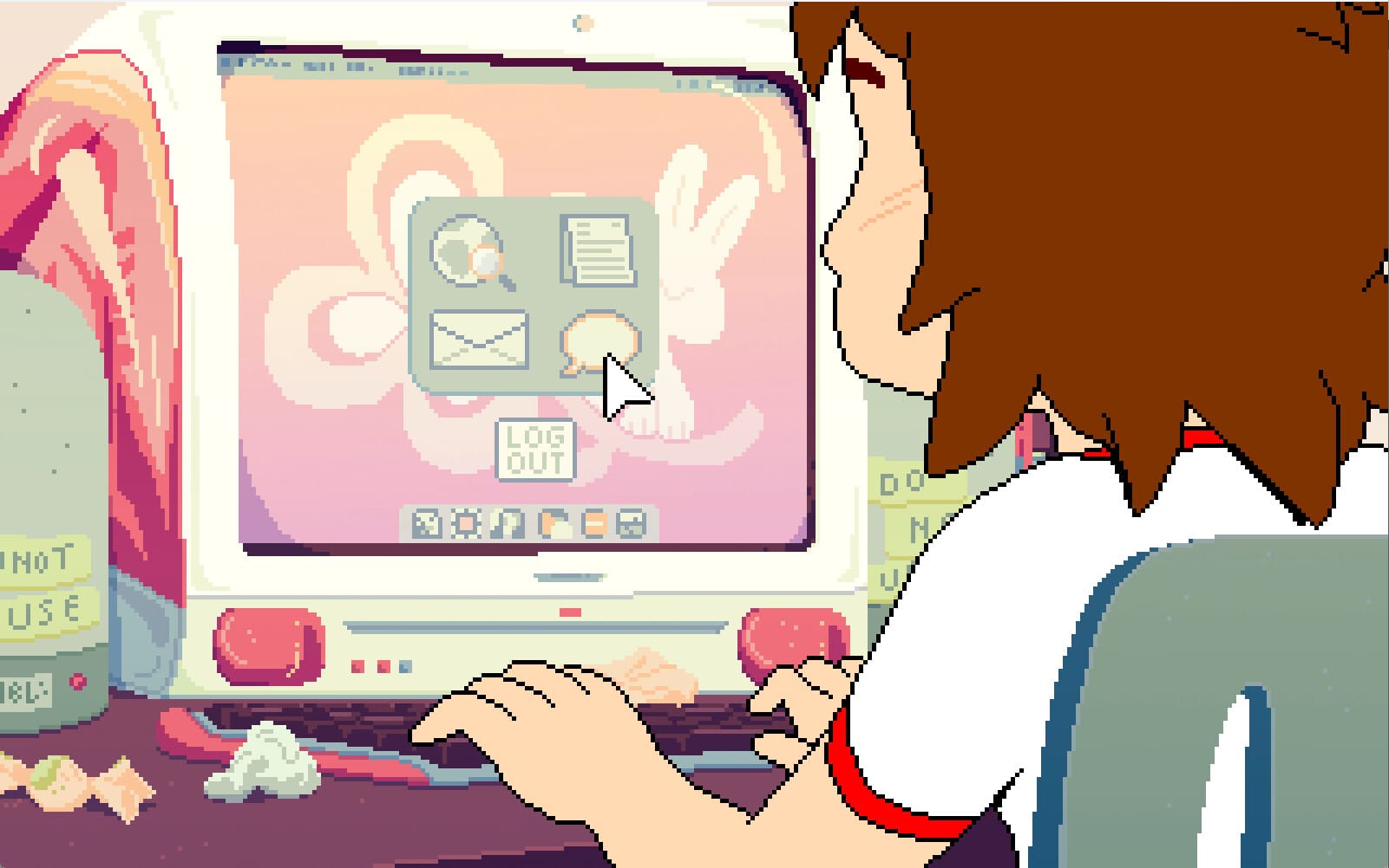 Mara Whitefish sits down at her strawberry iMac in the more innocent era of 2023. Her desk is littered with wrappers and candies.