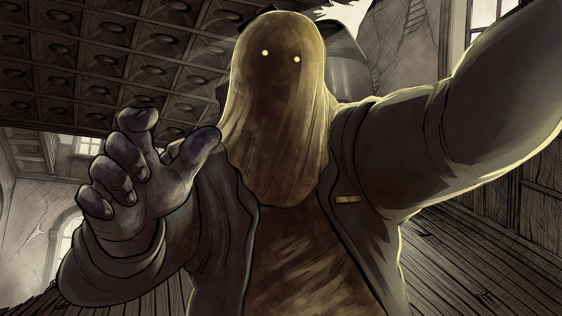 A ghostly figure with a veil draped over his head, yellow lights peering through the cloth, pins the player down with one arm while reaching for them with a soiled hand in a screenshot fr